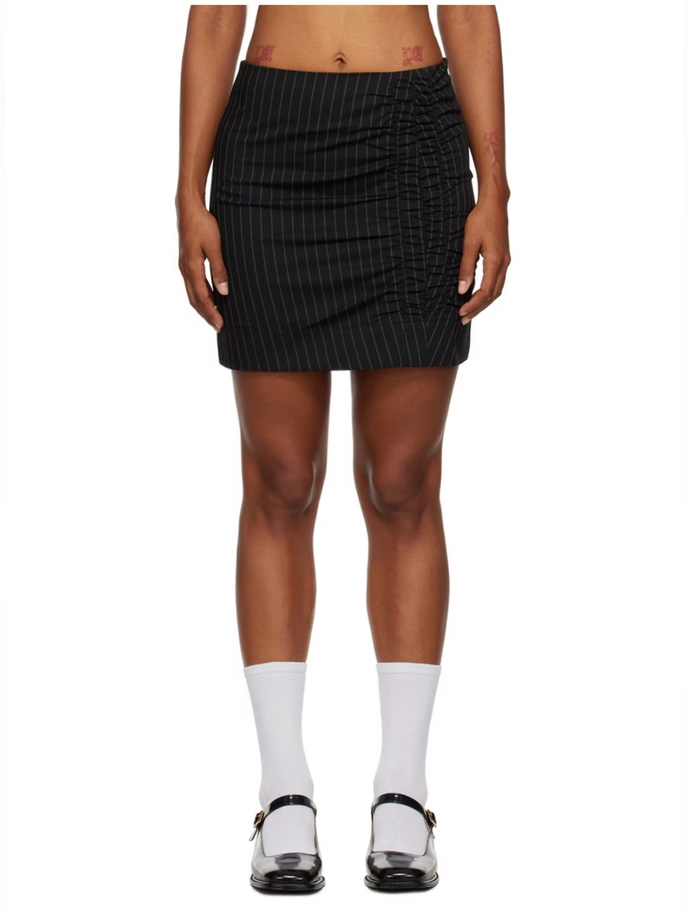 Ganni Ruched Pinstriped Twill Mini Skirt In Black Size 38 Size Medium 6 Suiting